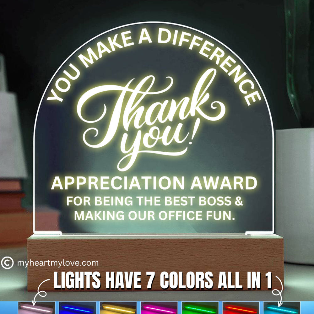 Best Boss Gift Appreciation Award Acrylic Plaque with LED Lighted Dome (with 7 Color Settings all in 1)