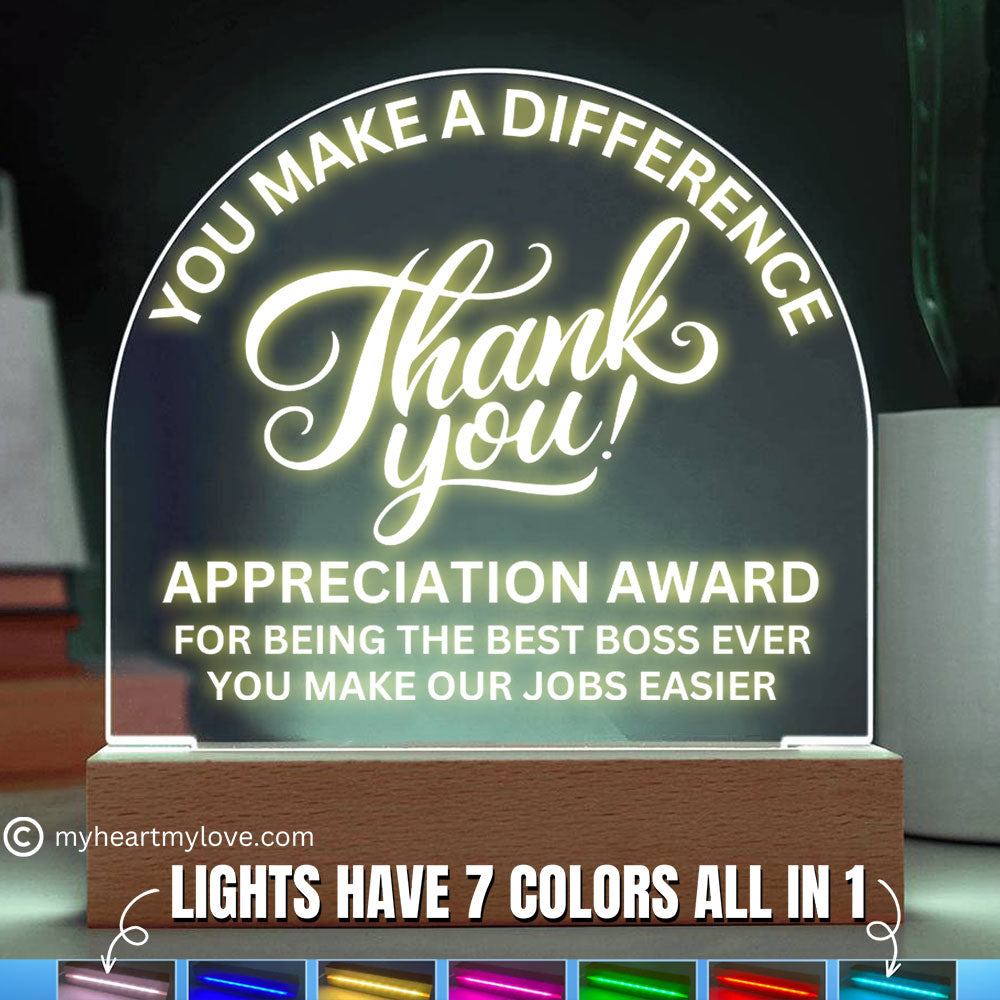 Best Boss Gift Appreciation Award Acrylic Plaque with LED Lighted Dome (with 7 Color Settings all in 1)