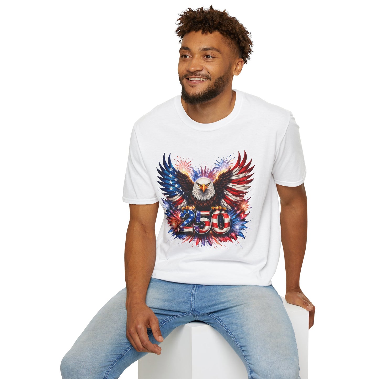 Commemorating America 250 Stars & Stripes Eagle T-Shirt — Premium Gildan Softstyle Tee Sizes up to 5XL