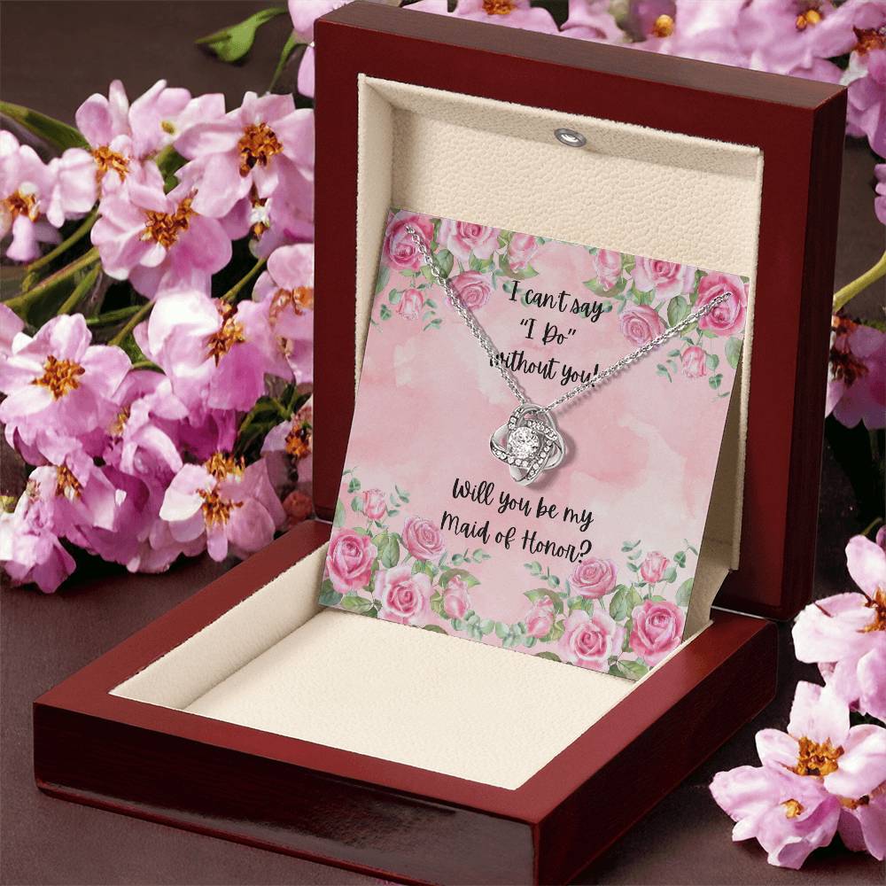 Maid of Honor Proposal Pink Watercolor Love Knot Necklace