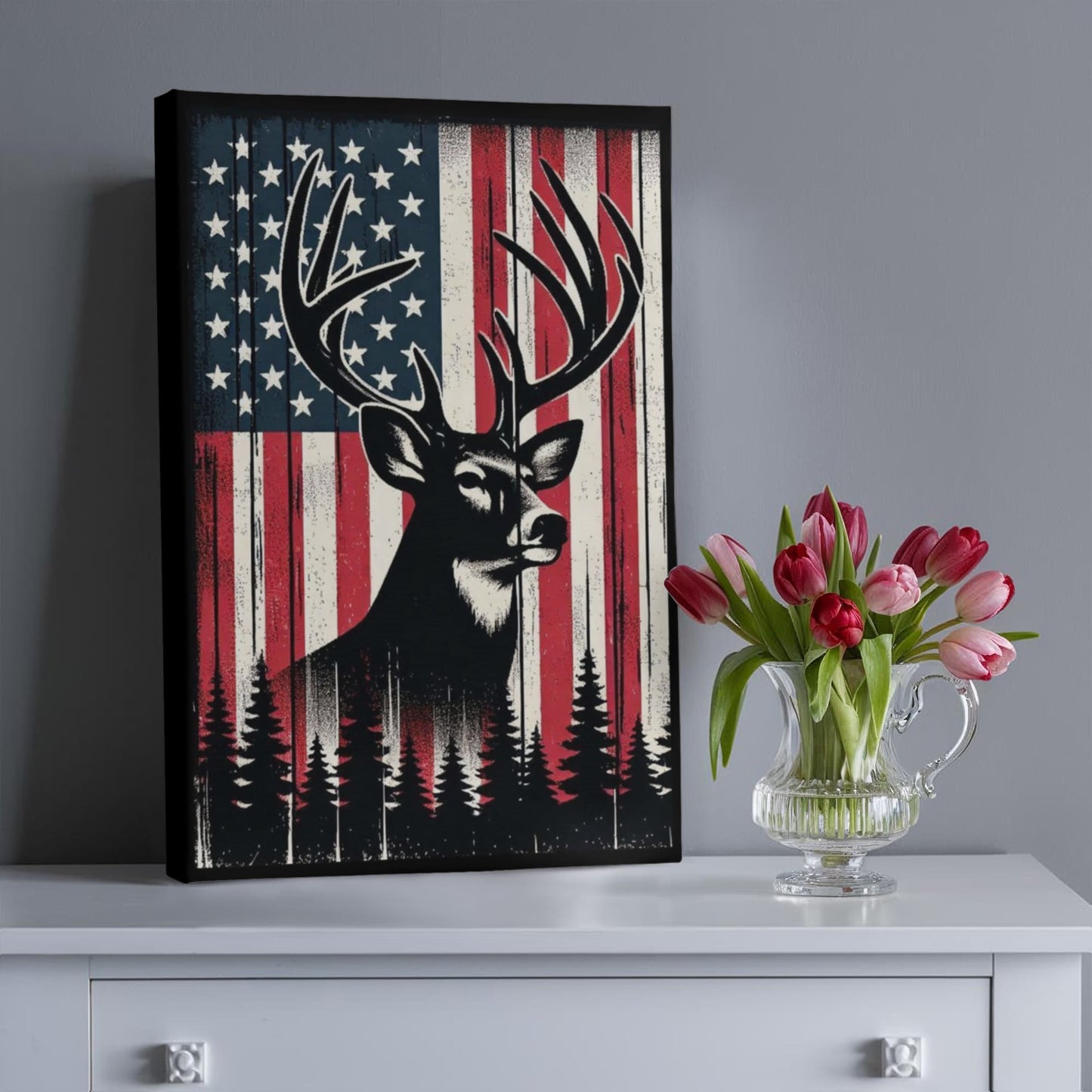 Proud American Deer Hunter, Man Cave, Workshop, Rustic Art Premium Wrapped Canvas