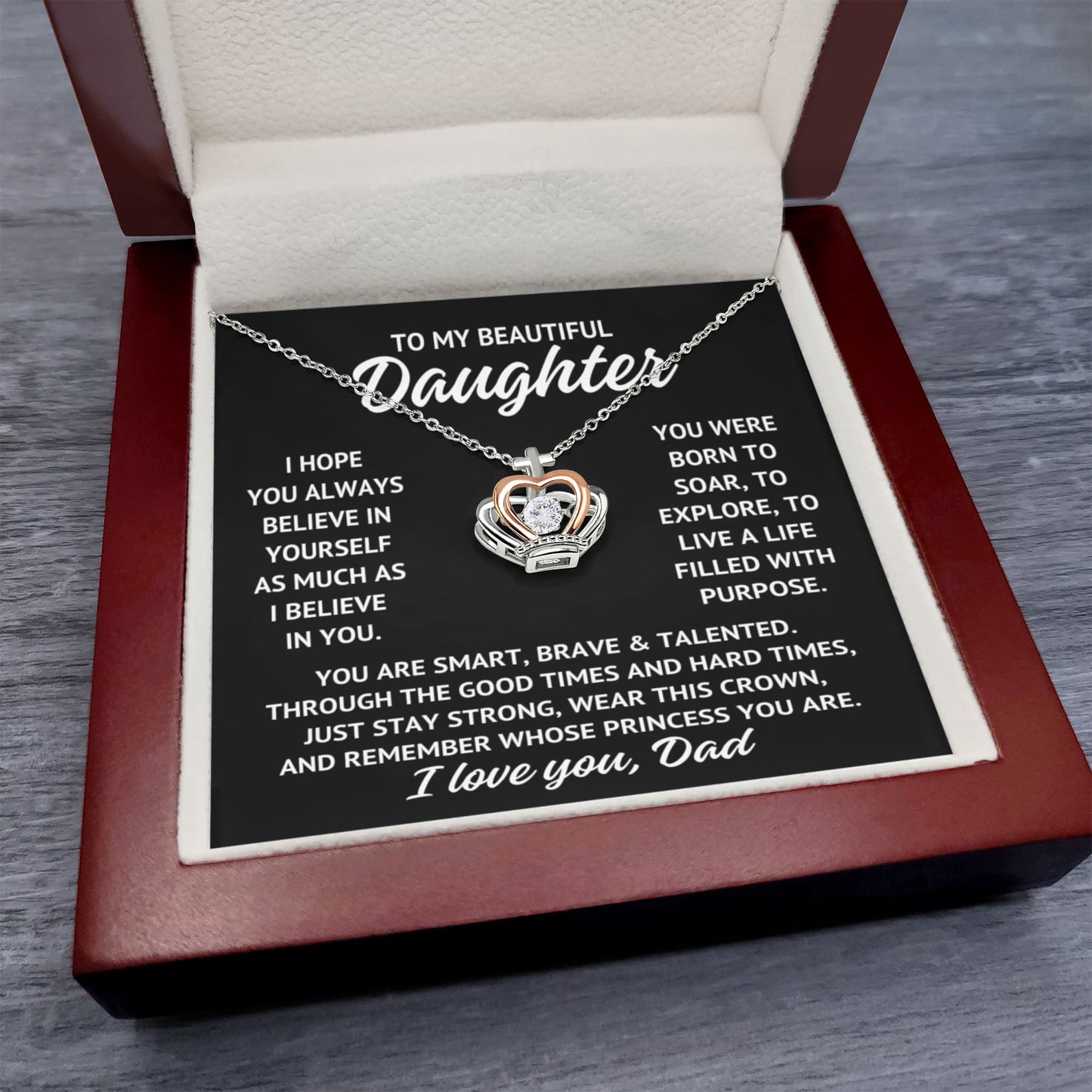 To My Beautiful Daughter "Princess..." Rose Gold and Sterling Silver .925 Crown Necklace With Lighted Luxury Box