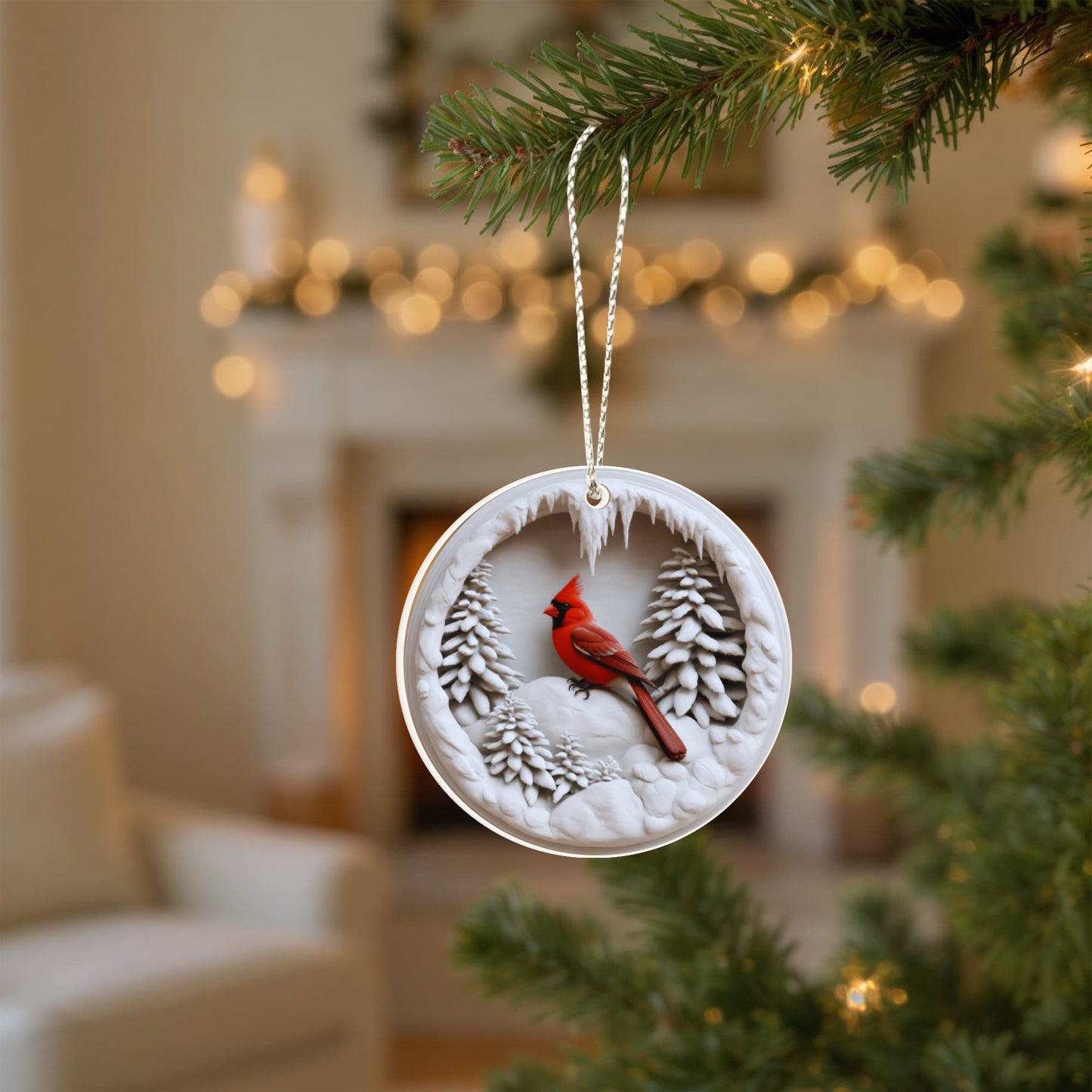 Cardinal in A Snow Globe 3D Effect Acrylic Circle Ornament