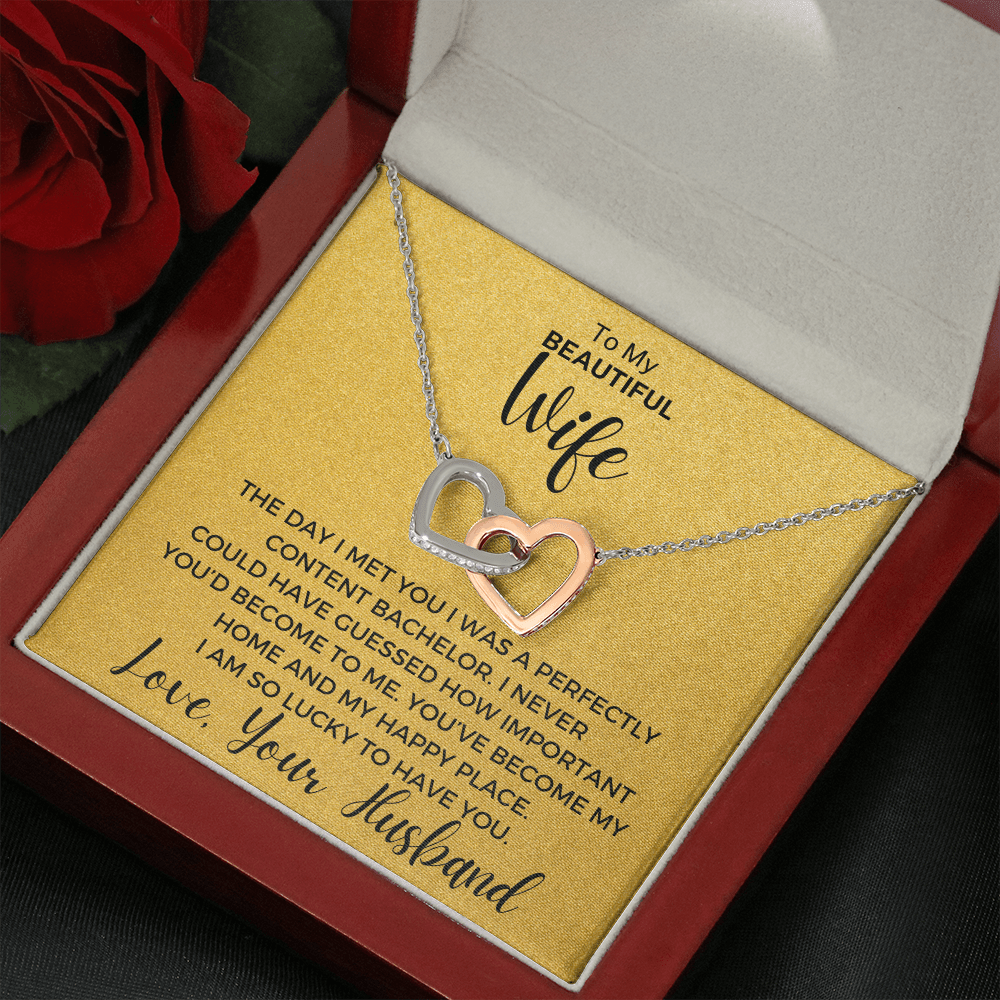 Gift to Beautiful Wife - Interlocking Hearts with Sparkling Cubic Zirconia Crystals with White Gold and Rose Gold over Stainless Steel