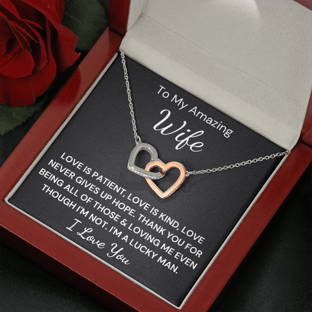 Gift to Amazing Wife - Interlocking Hearts with Sparkling Cubic Zirconia Crystals with White Gold and Rose Gold over Stainless Steel