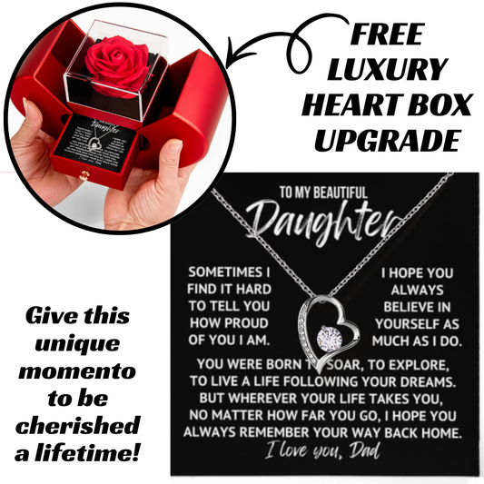 To My Beautiful Daughter "Sometimes..." Crystal Heart Necklace With Open Heart & Rose Luxury Box