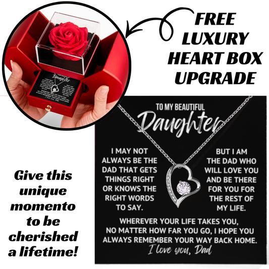 To My Beautiful Daughter "I may not..." Crystal Heart Necklace With Open Heart & Rose Luxury Box