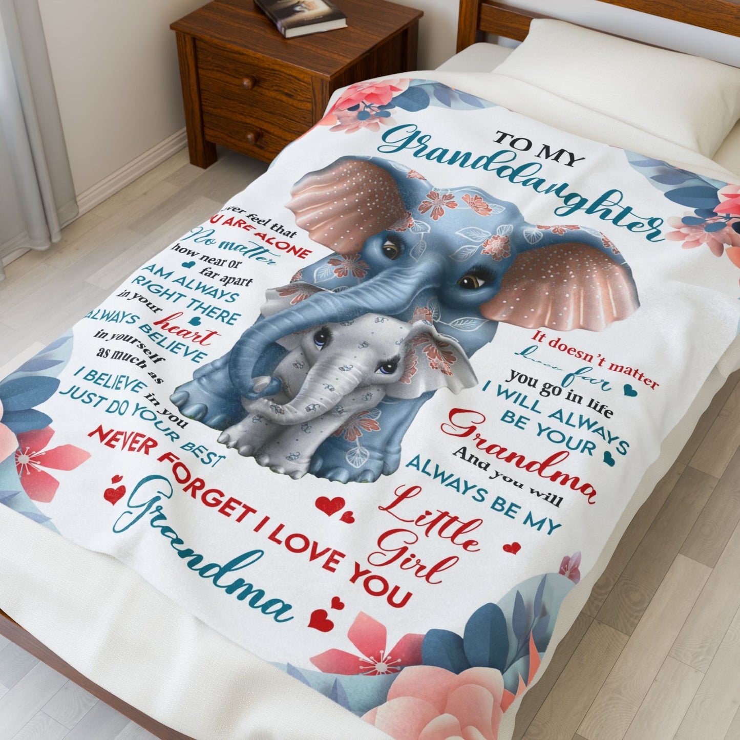 To My Granddaughter From Grandma "No matter how far apart" Velveteen Plush Blanket