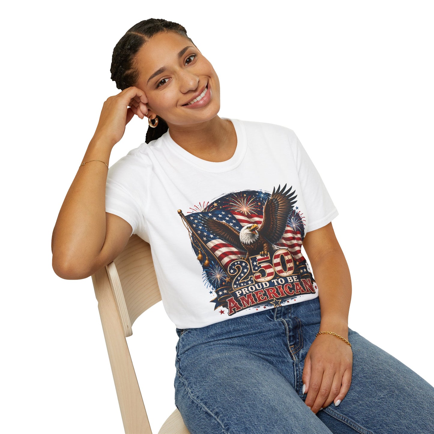 Proud To Be An American 250 Years Stars & Stripes Eagle T-Shirt — Premium Gildan Softstyle Tee Sizes up to 5XL