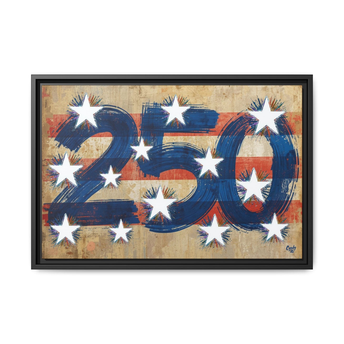 America 250 Years, US Flag Vintage Abstract, Premium Framed Canvas Art, Original Artwork by Cyndy Schatz