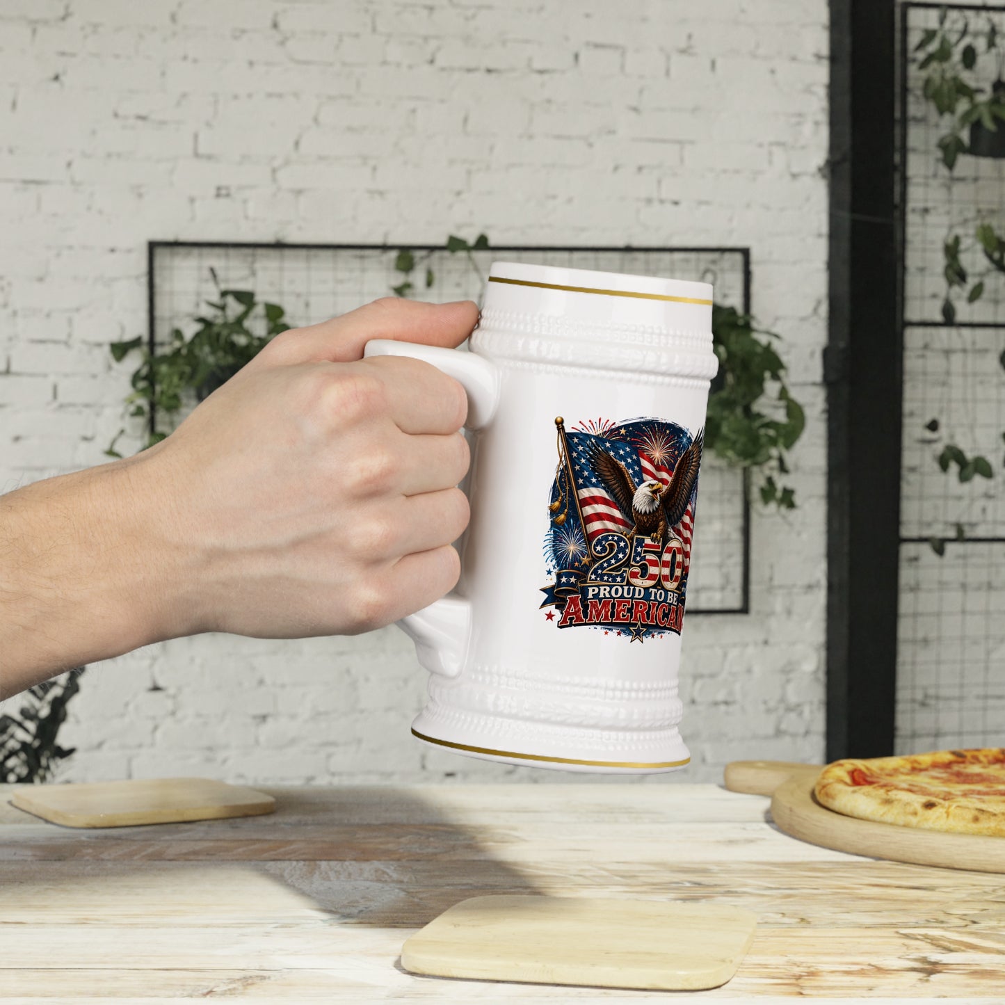 Commemorative America 250 Years Eagle Beer Stein Mug — Patriotic American Flag Bald Eagle