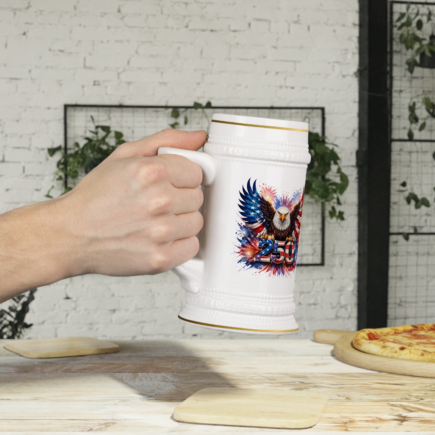 Commemorative America 250 Years Eagle Beer Stein Mug — Patriotic American Flag Bald Eagle