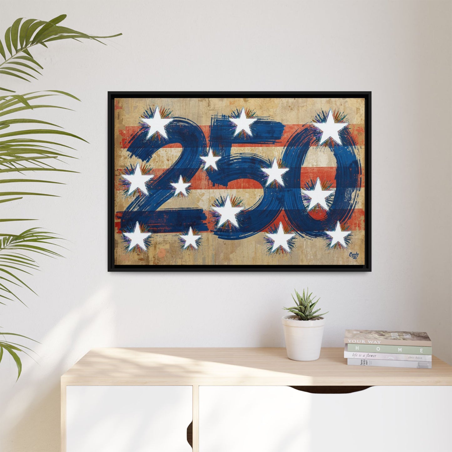 America 250 Years, US Flag Vintage Abstract, Premium Framed Canvas Art, Original Artwork by Cyndy Schatz
