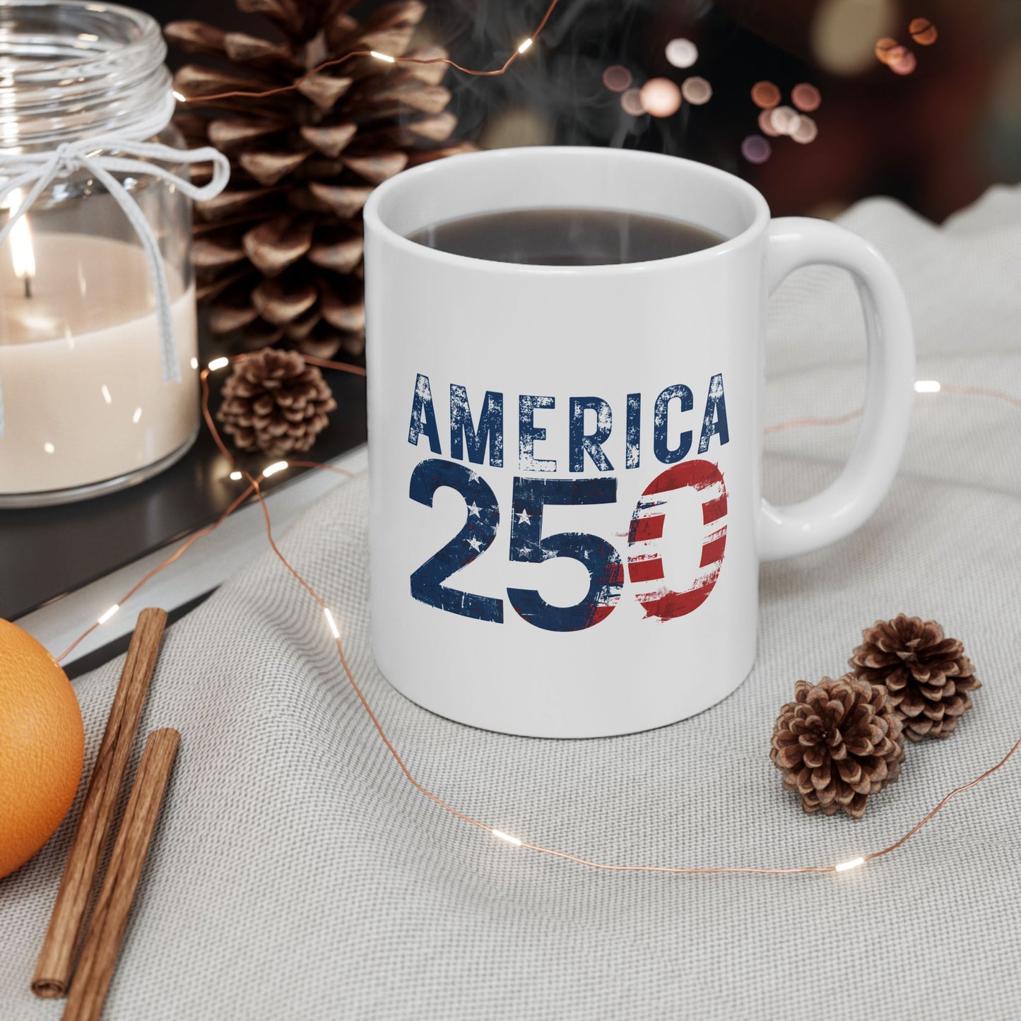 America 250 Years Commemorative Mug, Patriotic Distressed Flag Ceramic Coffee Cup