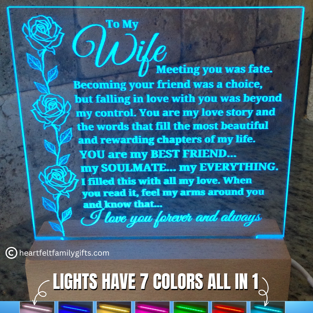 Decorative LED sign with romantic message to a wife, featuring roses and colorful lighting options.