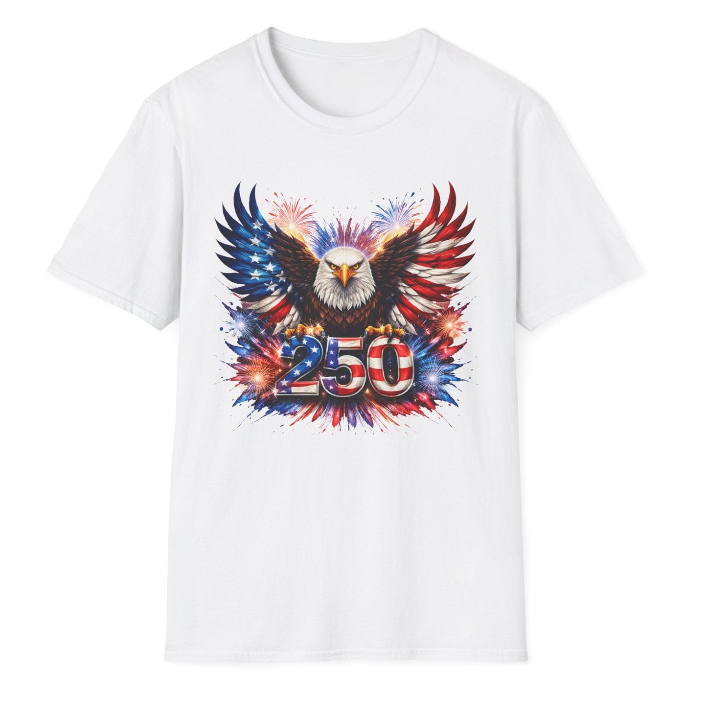 Commemorating America 250 Stars & Stripes Eagle T-Shirt — Premium Gildan Softstyle Tee Sizes up to 5XL