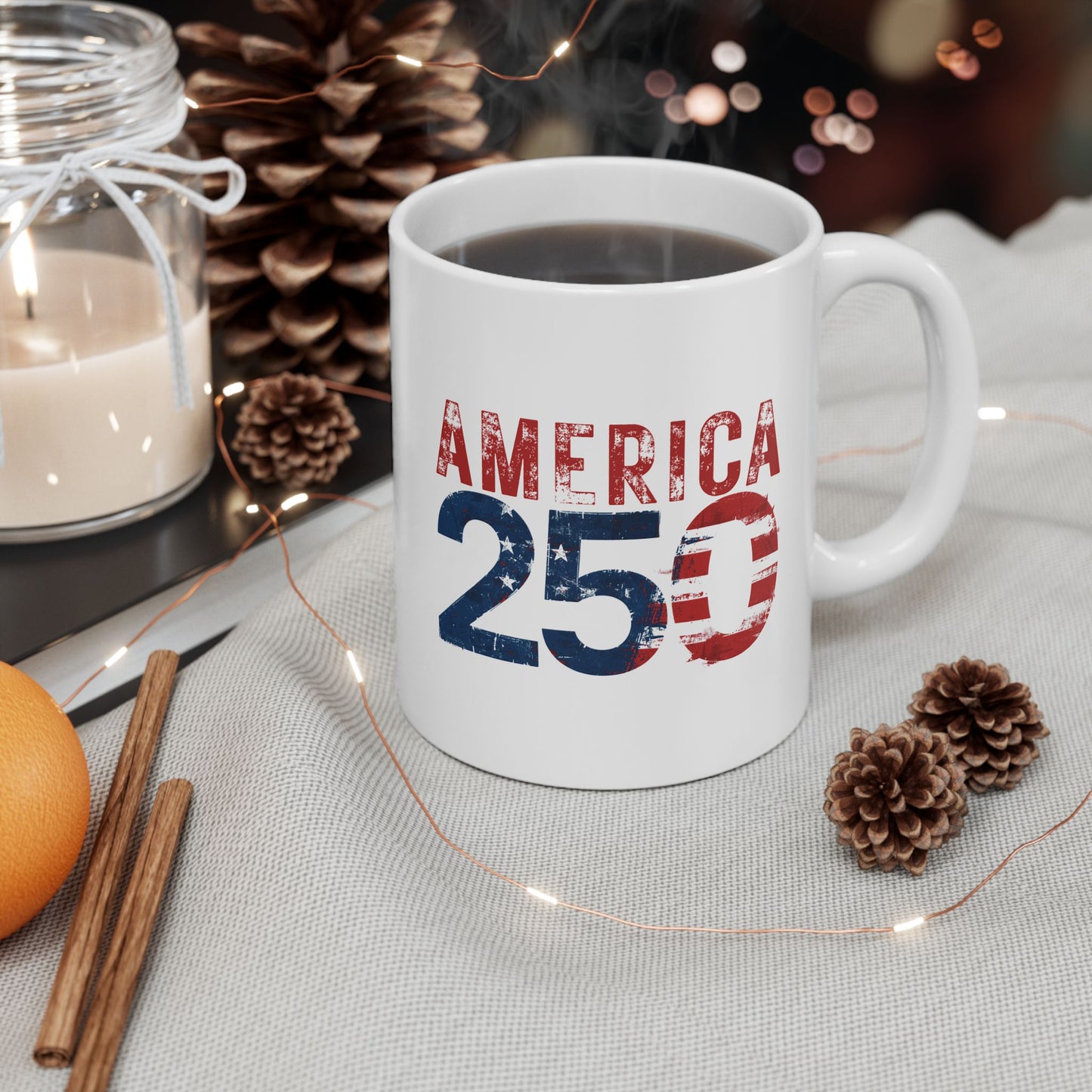 America 250 Years Commemorative Mug, Patriotic Distressed Flag Ceramic Coffee Cup