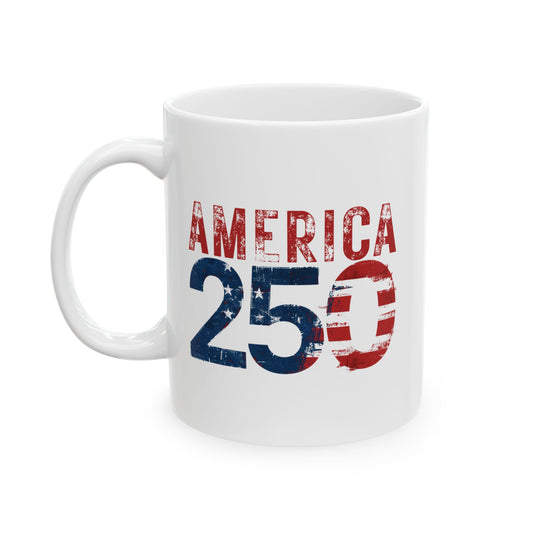 America 250 Years Commemorative Mug, Patriotic Distressed Flag Ceramic Coffee Cup
