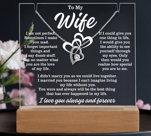 To My Wife "I am not perfect..." Lighted Acrylic Plaque with Zirconia Crystal Heart Necklace
