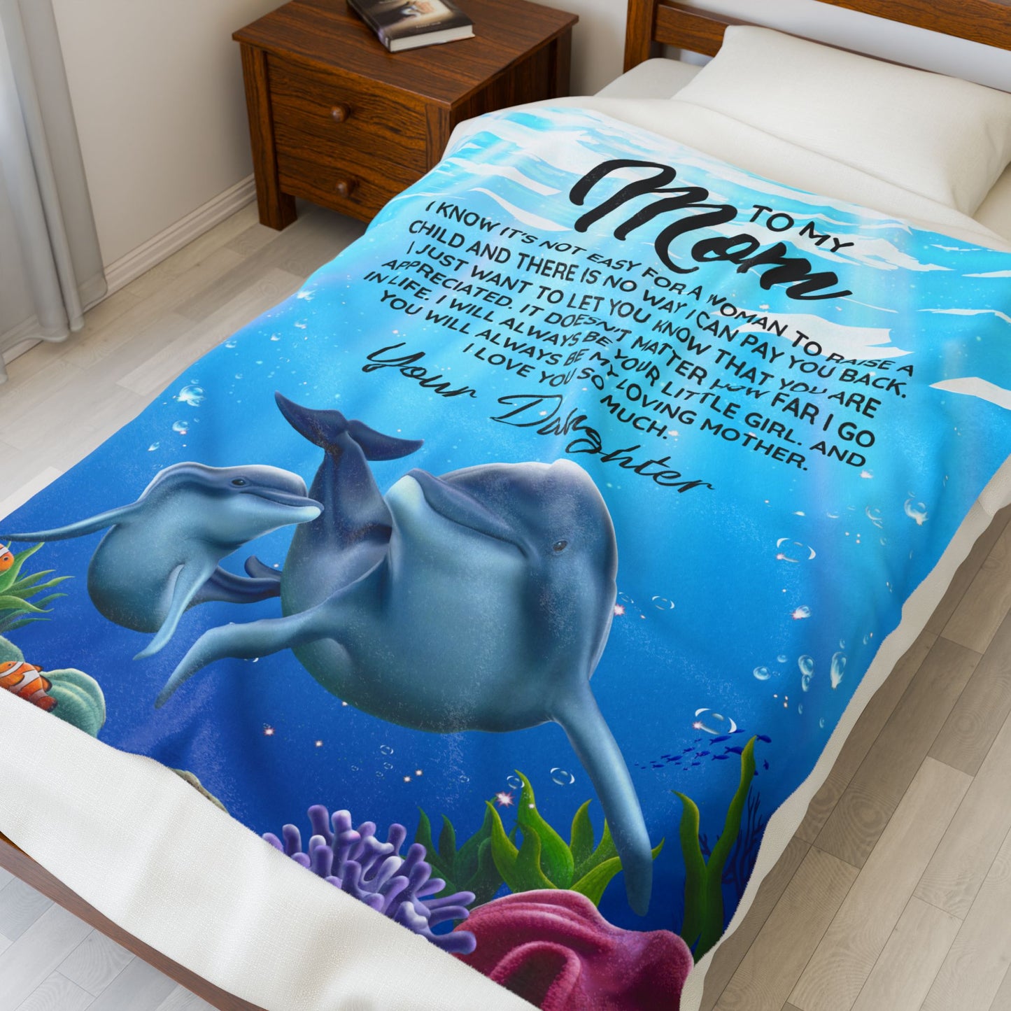 To Mom From Daughter Dolphins Under the Sea Velveteen Plush Blanket