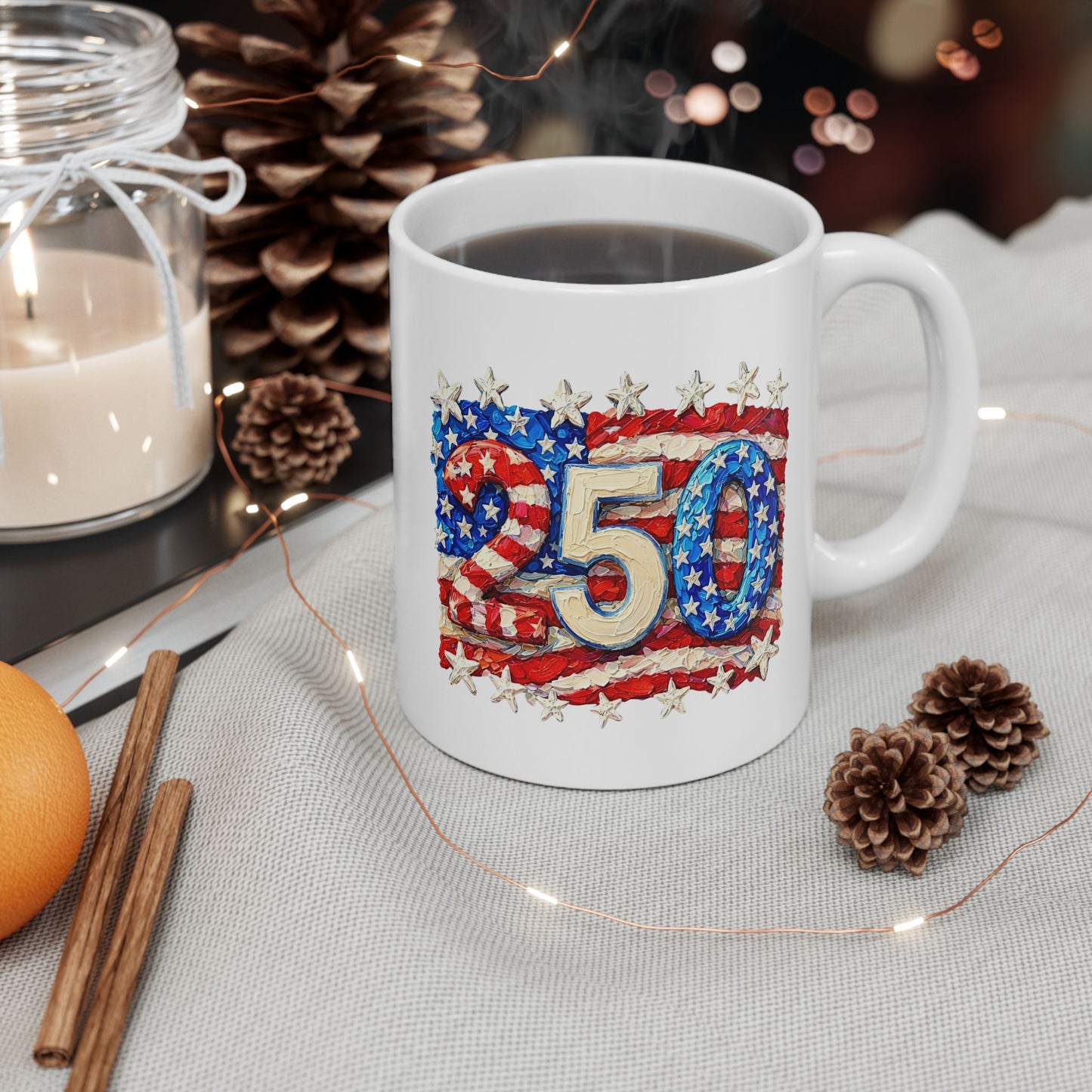 Celebrate 250 Years Stars & Stripes Commemorative Mug, Patriotic Flag Ceramic Coffee Cup
