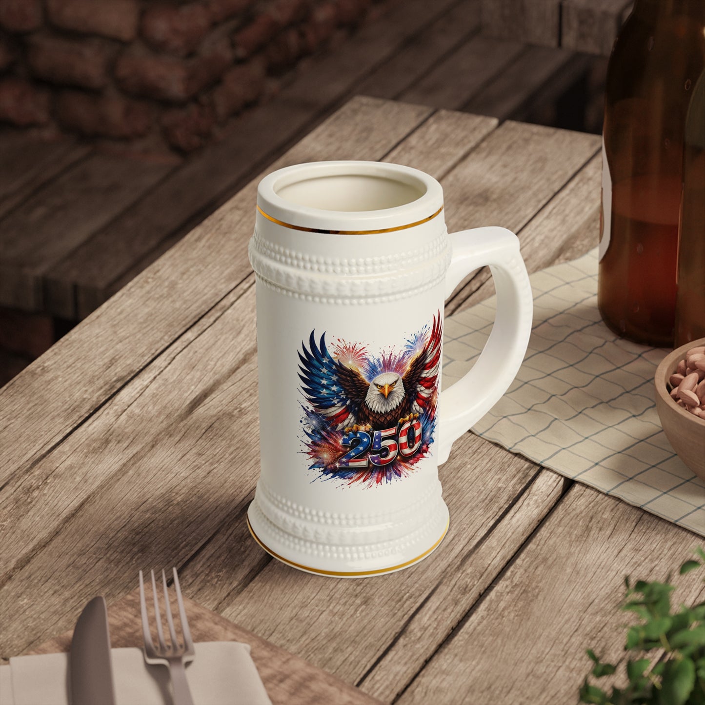 Commemorative America 250 Years Eagle Beer Stein Mug — Patriotic American Flag Bald Eagle