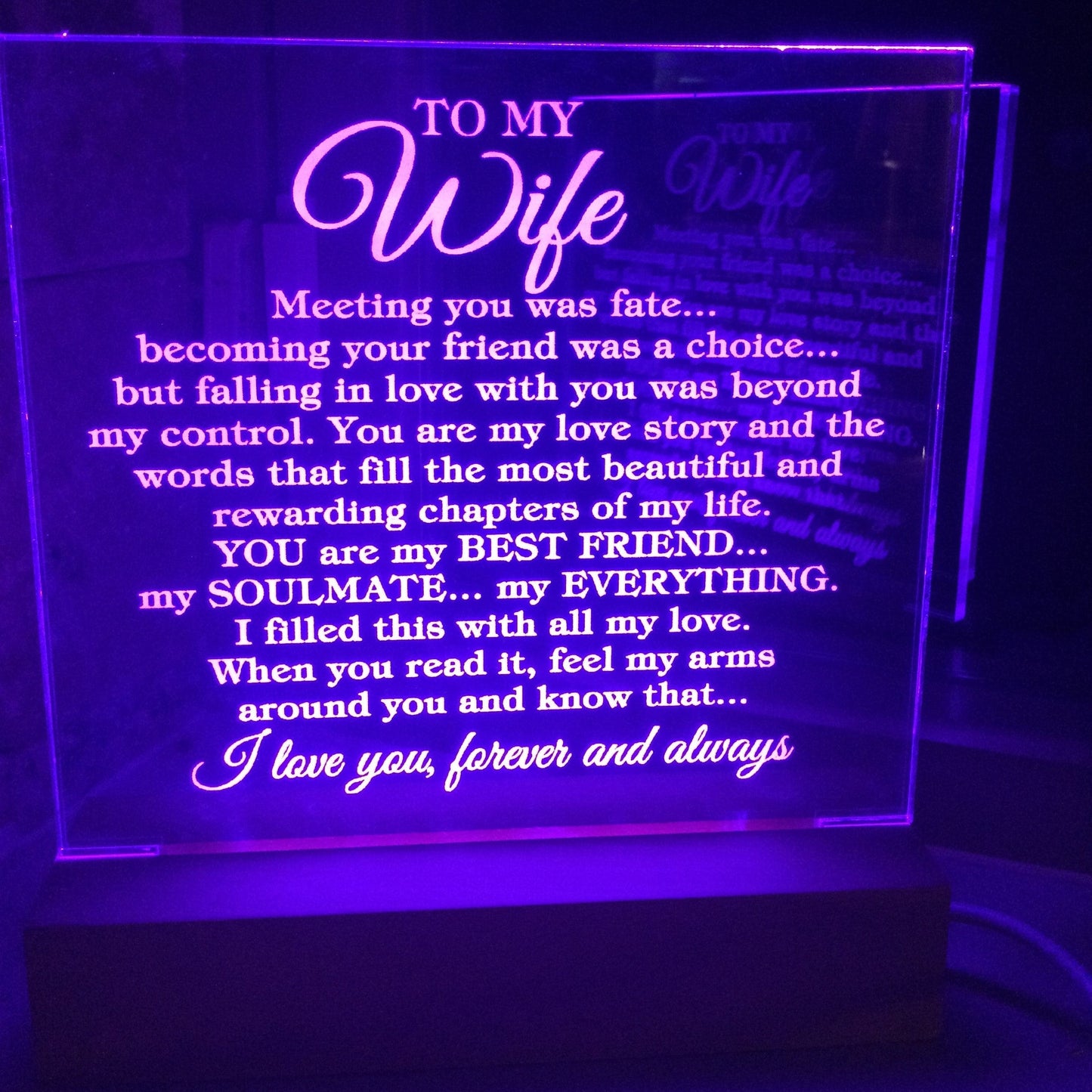 To My Wife "Meeting you was..." Acrylic Plaque With Lighted Wooden Base
