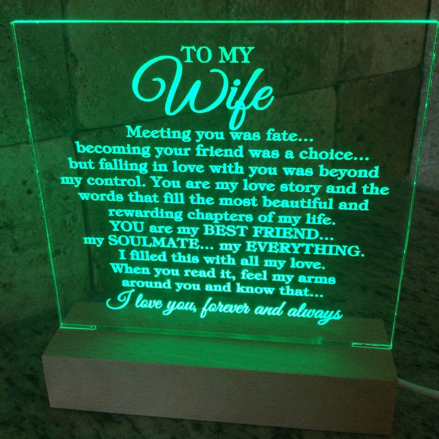 To My Wife "Meeting you was..." Acrylic Plaque With Lighted Wooden Base