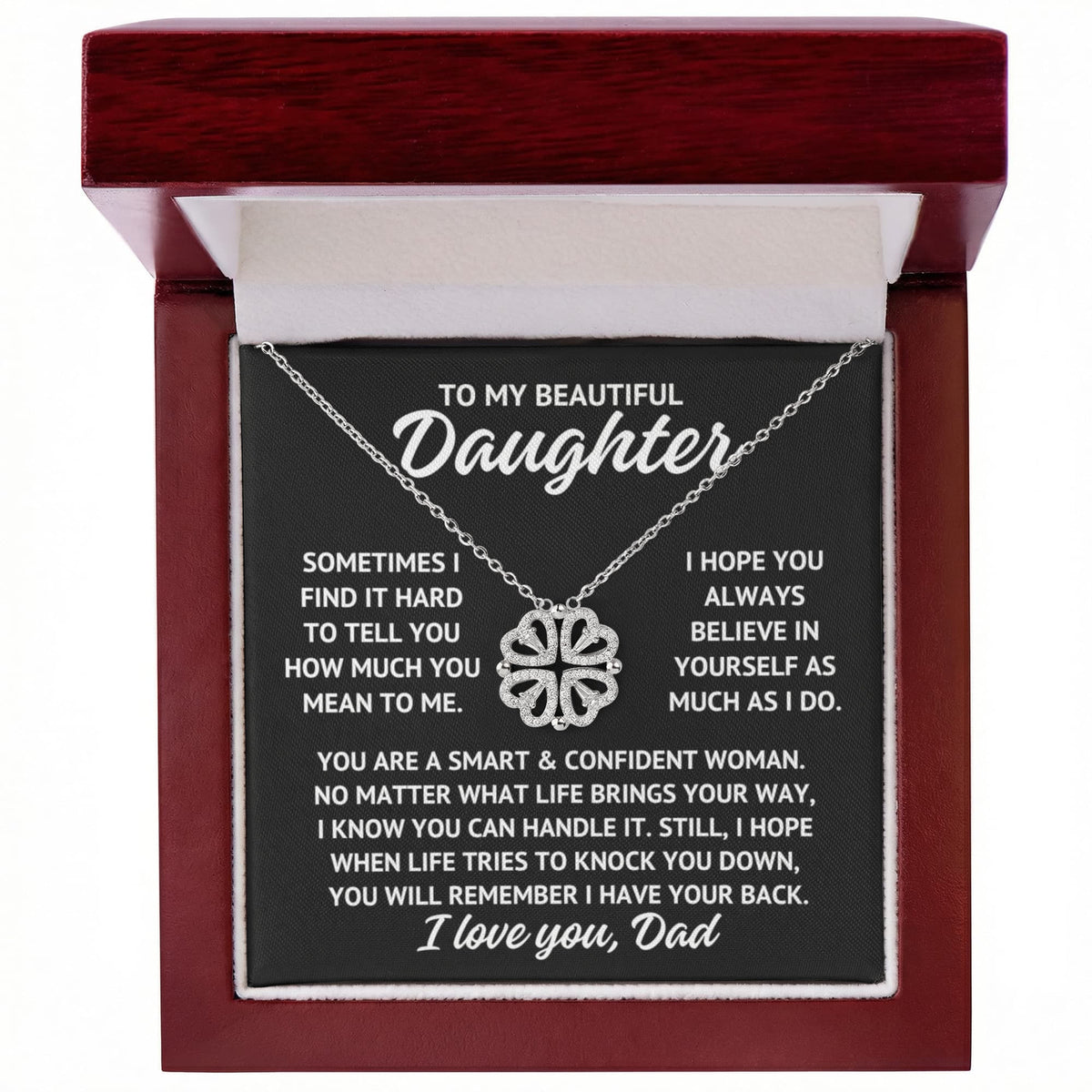 To My Beautiful Daughter "Sometimes I find it..." Magnetic Hearts Lucky Clover Zirconia Crystal Necklace