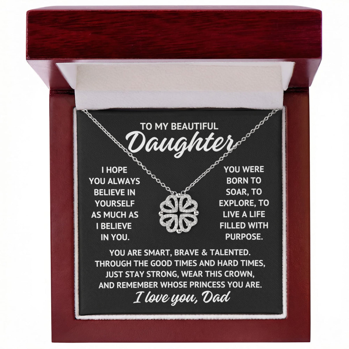 To My Beautiful Daughter "I hope you always..." Magnetic Hearts Lucky Clover Zirconia Crystal Necklace