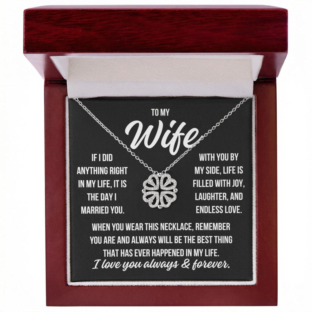 To My Wife "If I did anything right..." Magnetic Hearts Lucky Clover Zirconia Crystal Necklace