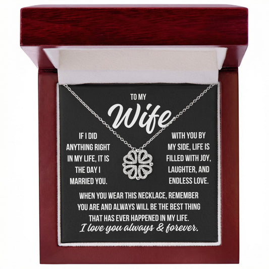To My Wife "If I did anything right..." Magnetic Hearts Lucky Clover Zirconia Crystal Necklace
