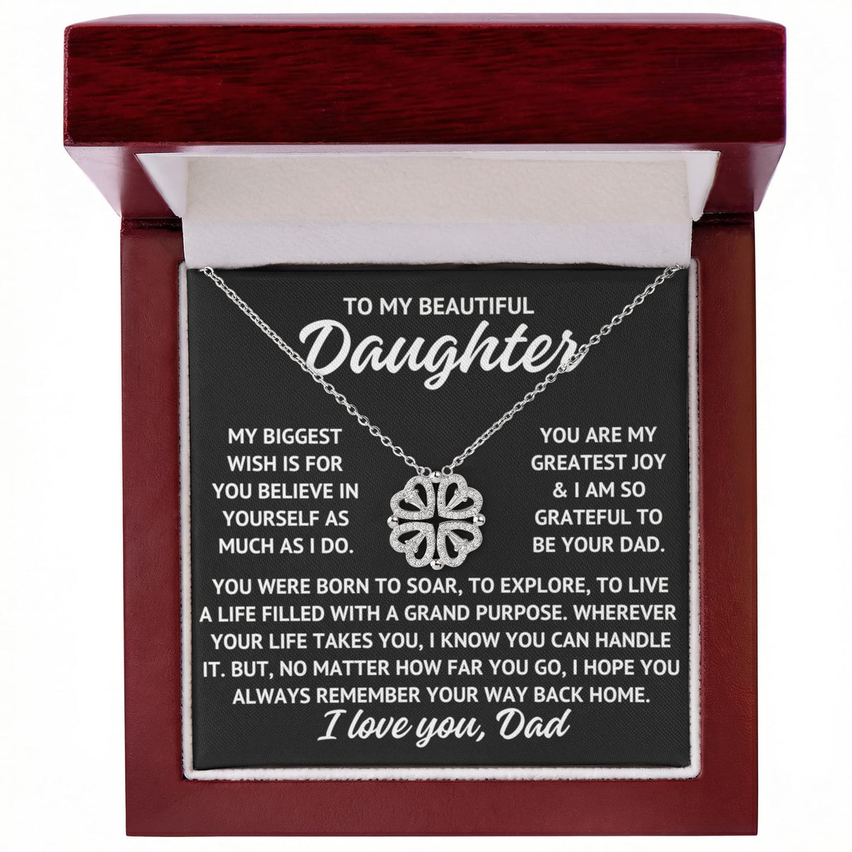 To My Beautiful Daughter "My biggest wish..." Magnetic Hearts Lucky Clover Zirconia Crystal Necklace