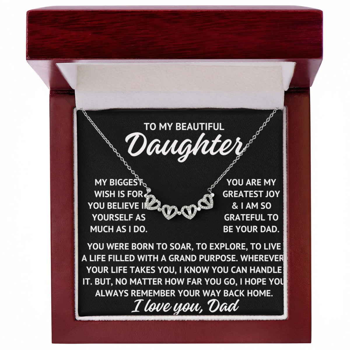 To My Beautiful Daughter "My biggest wish..." Magnetic Hearts Lucky Clover Zirconia Crystal Necklace, view 2