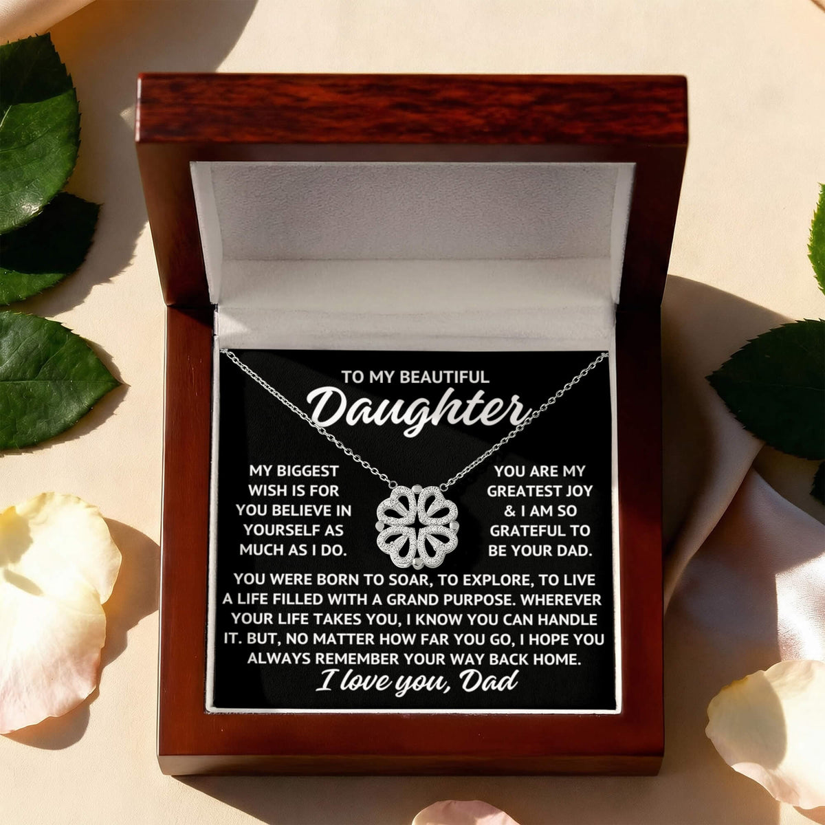 To My Beautiful Daughter "My biggest wish..." Magnetic Hearts Lucky Clover Zirconia Crystal Necklace, view 4