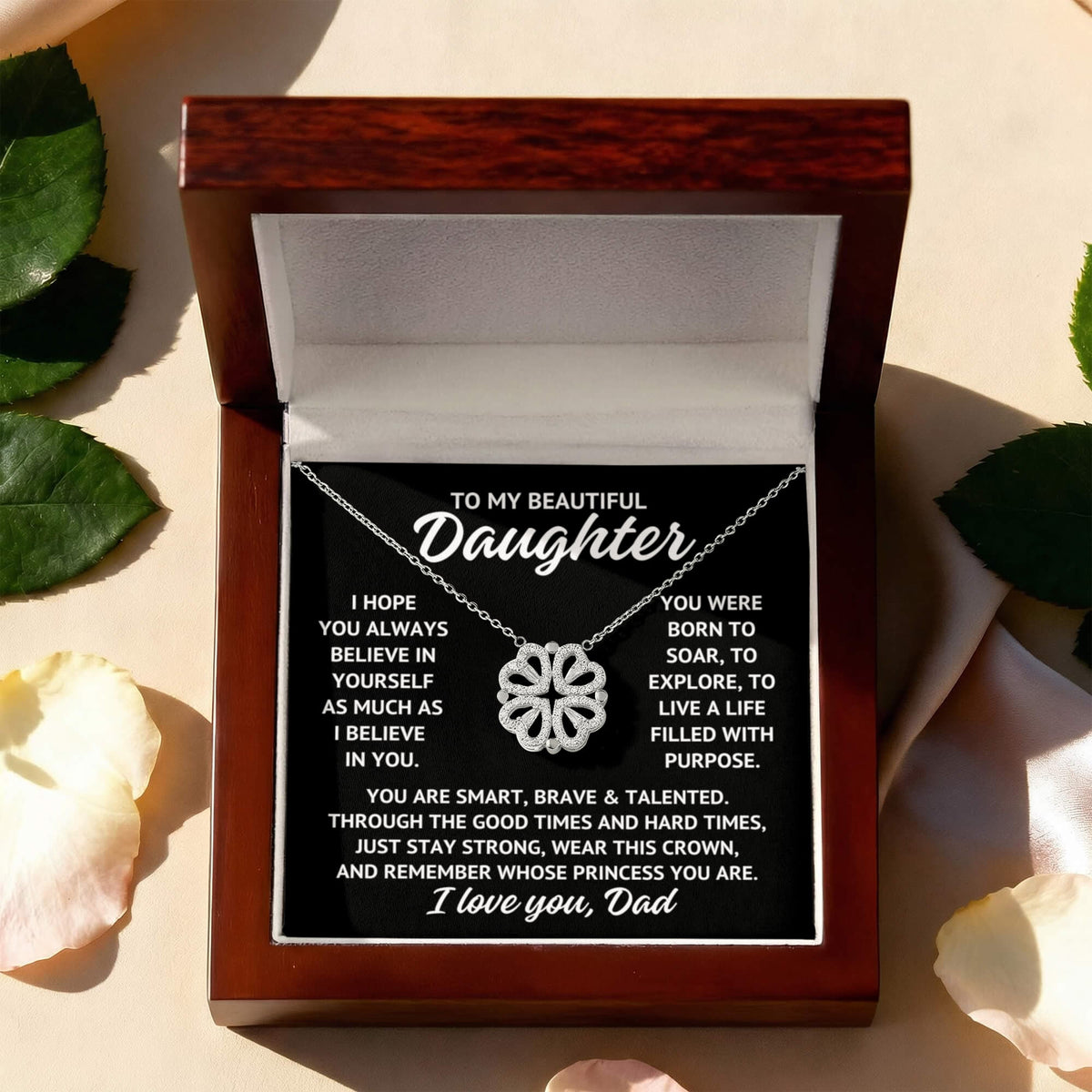 To My Beautiful Daughter "I hope you always..." Magnetic Hearts Lucky Clover Zirconia Crystal Necklace, view 4