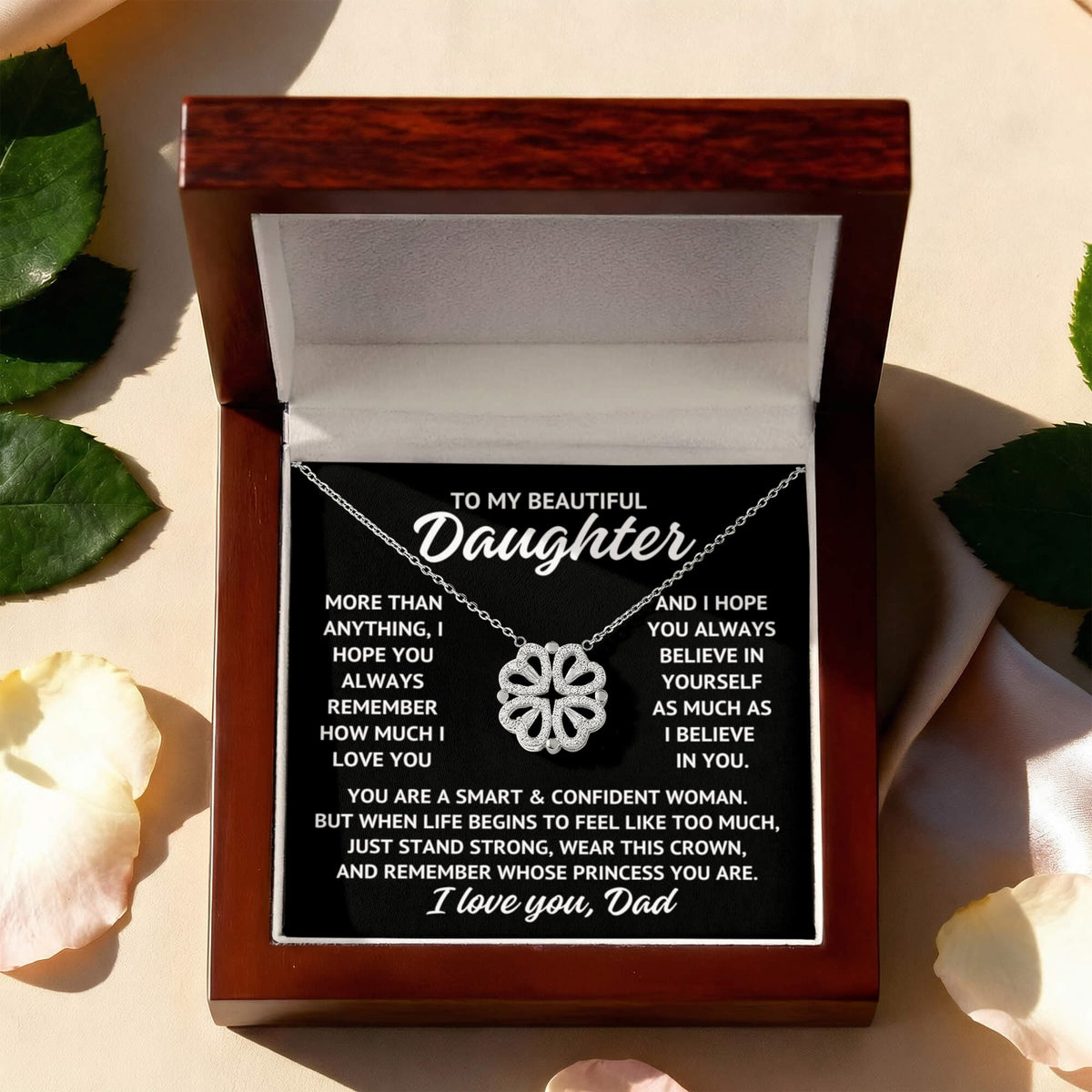 To My Beautiful Daughter "More than anything..." Magnetic Hearts Lucky Clover Zirconia Crystal Necklace, view 4