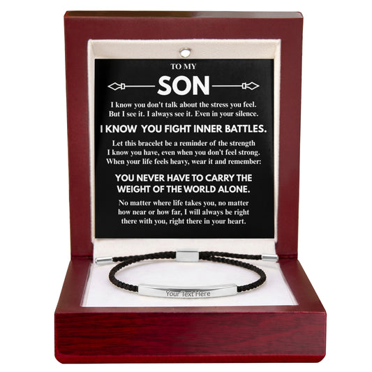 To My Son "Never carry it alone..." Personalized Metal Bar Nylon Adjustable Bracelet With Free Engraving