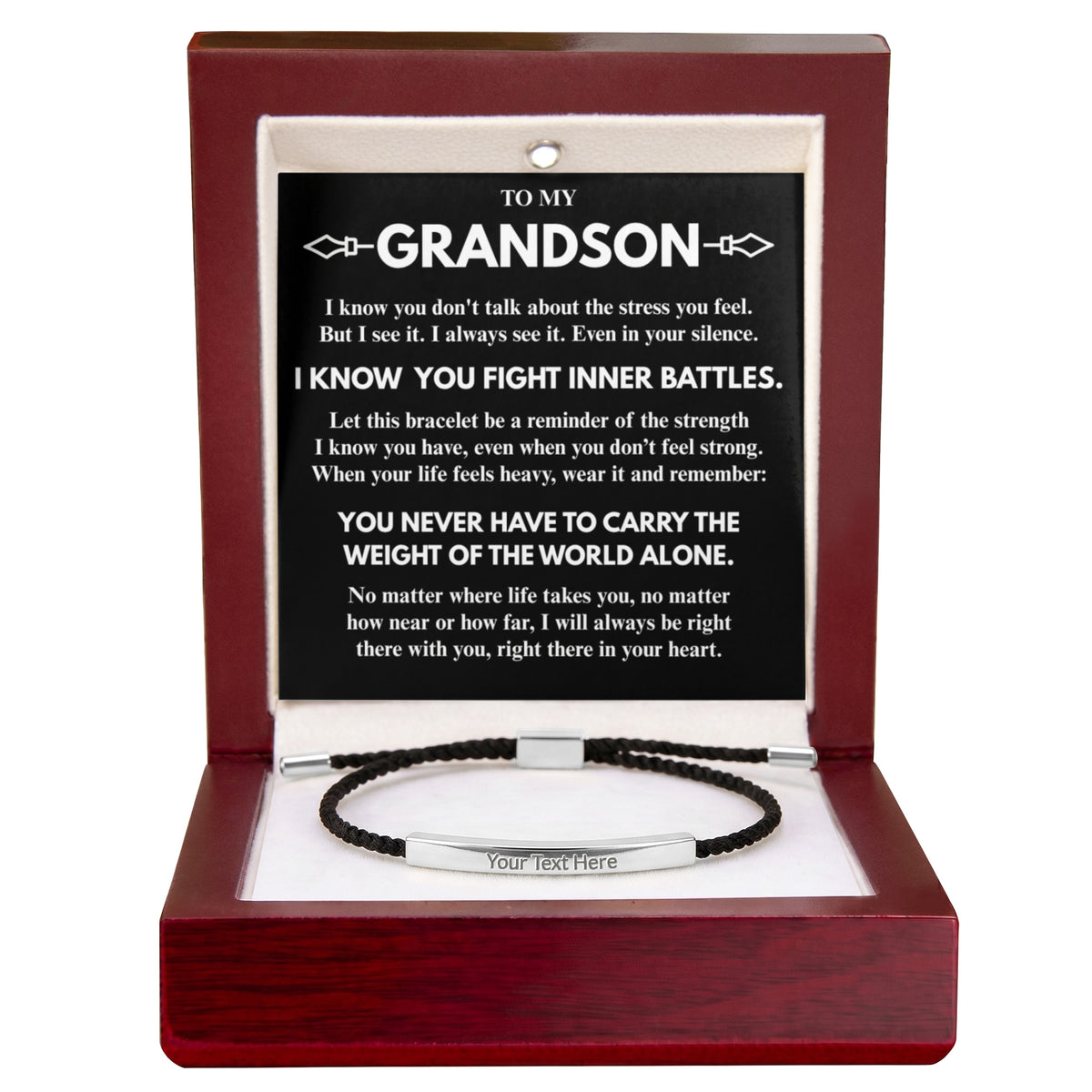 To My Grandson "Never carry it alone..." Personalized Metal Bar Nylon Adjustable Bracelet With Free Engraving