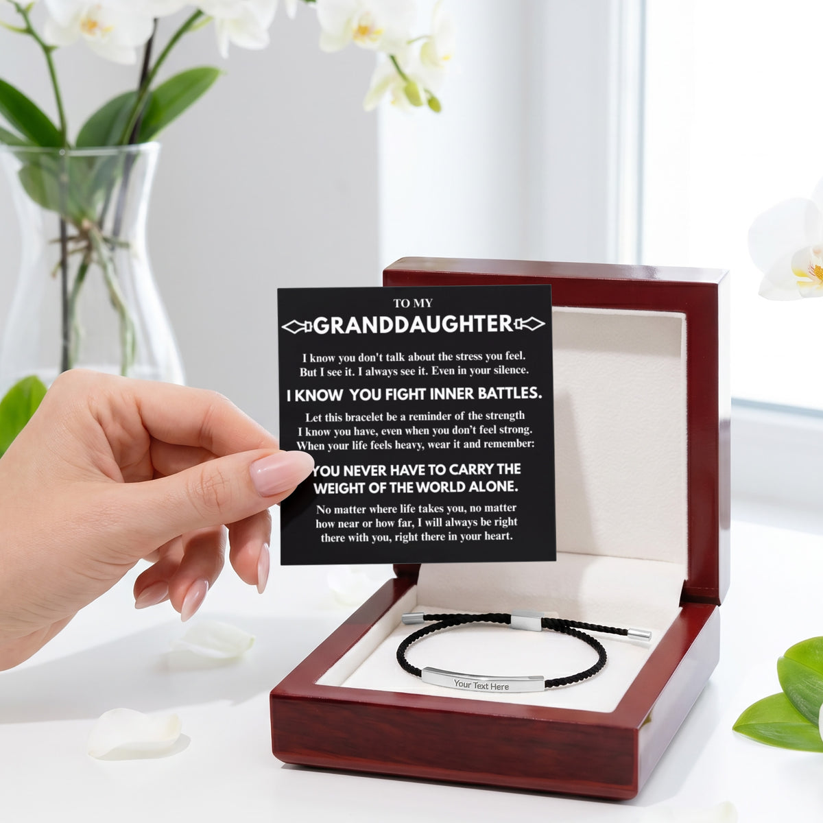 To My Granddaughter "I know...I see..." Personalized Metal Bar Nylon Adjustable Bracelet With Free Engraving