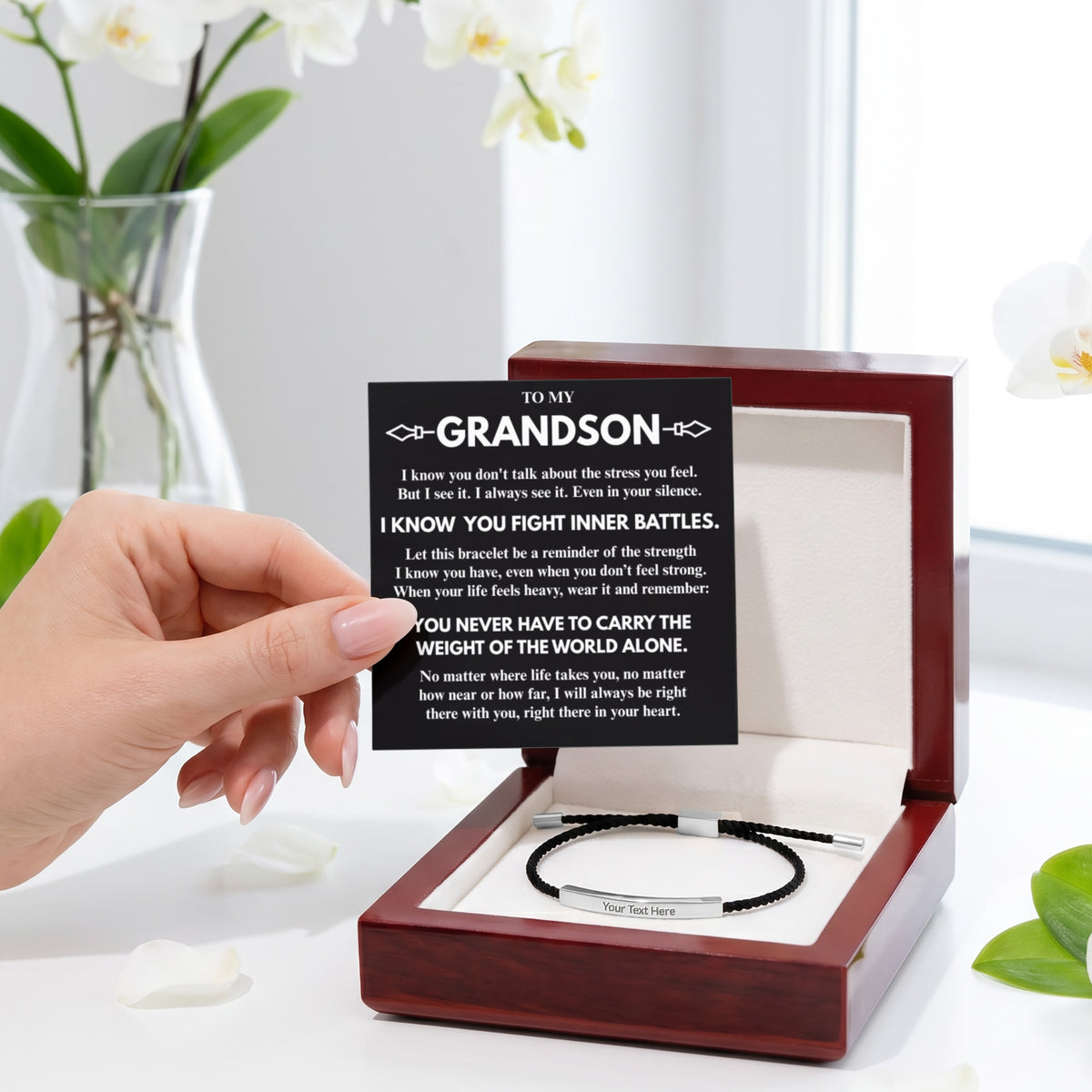 To My Grandson "Never carry it alone..." Personalized Metal Bar Nylon Adjustable Bracelet With Free Engraving