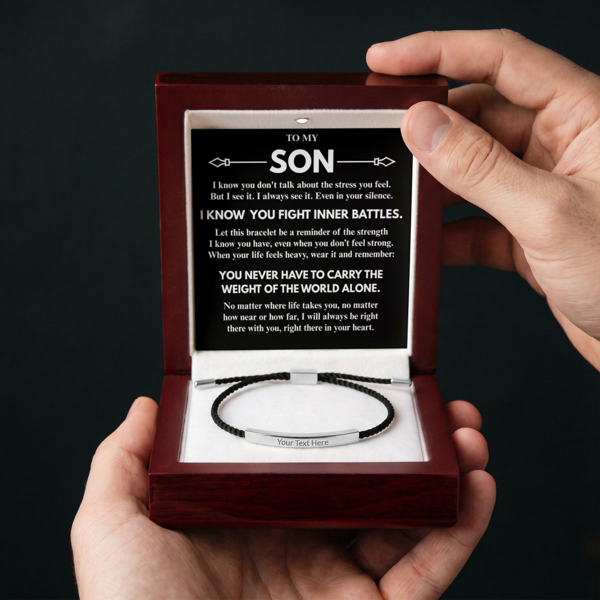 To My Son "Never carry it alone..." Personalized Metal Bar Nylon Adjustable Bracelet With Free Engraving