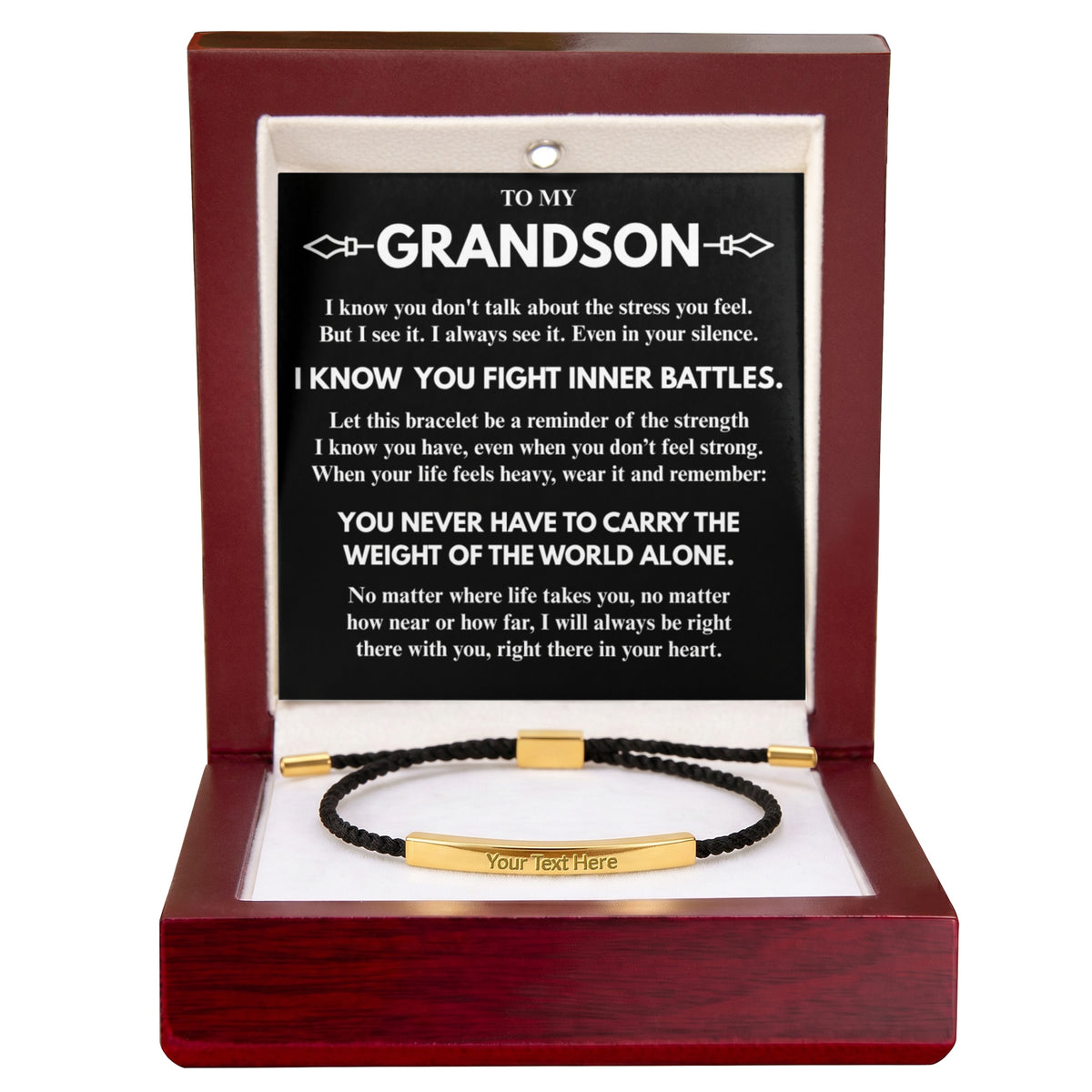To My Grandson "Never carry it alone..." Personalized Metal Bar Nylon Adjustable Bracelet With Free Engraving