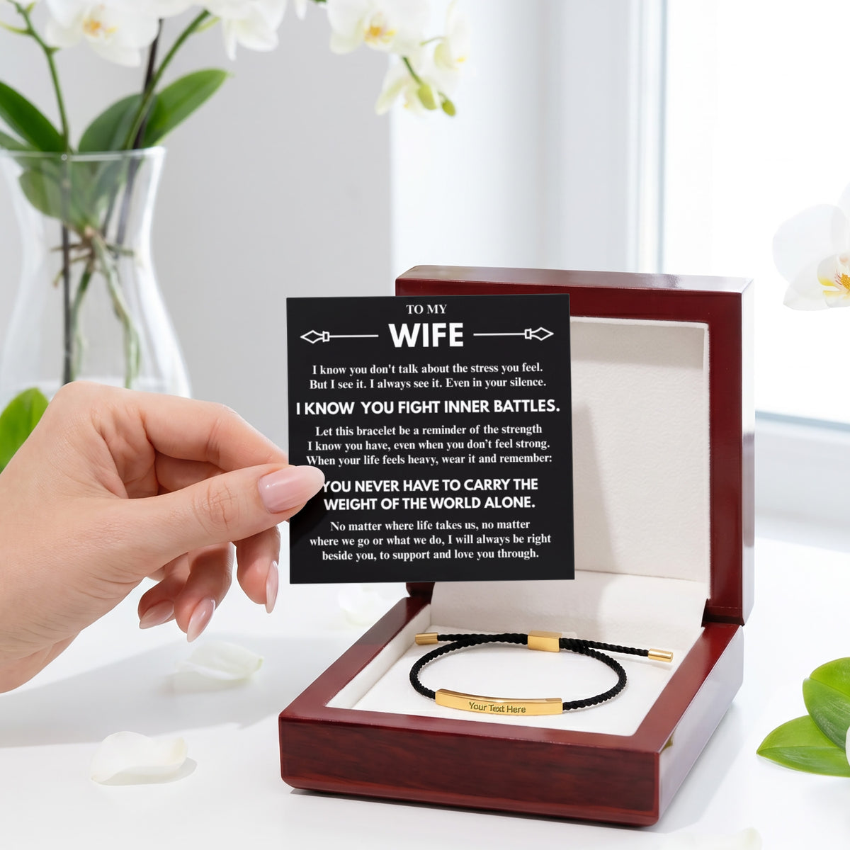 To My Wife "I know...I see..." Personalized Metal Bar Nylon Adjustable Bracelet With Free Engraving