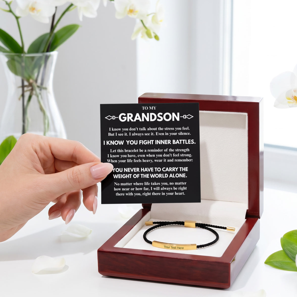 To My Grandson "Never carry it alone..." Personalized Metal Bar Nylon Adjustable Bracelet With Free Engraving