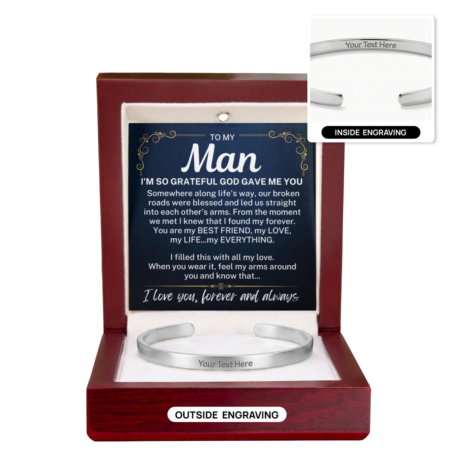 To My Man "I'm so grateful..." Personalized Cuff Bracelet With Free Engraving