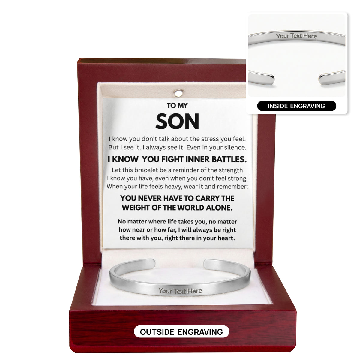 To My Son "Never alone..." Personalized Cuff Bracelet With Free Engraving