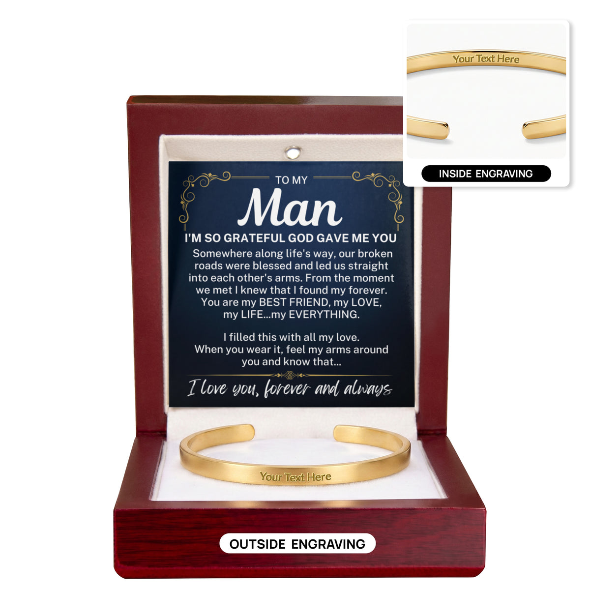 To My Man "I'm so grateful..." Personalized Cuff Bracelet With Free Engraving