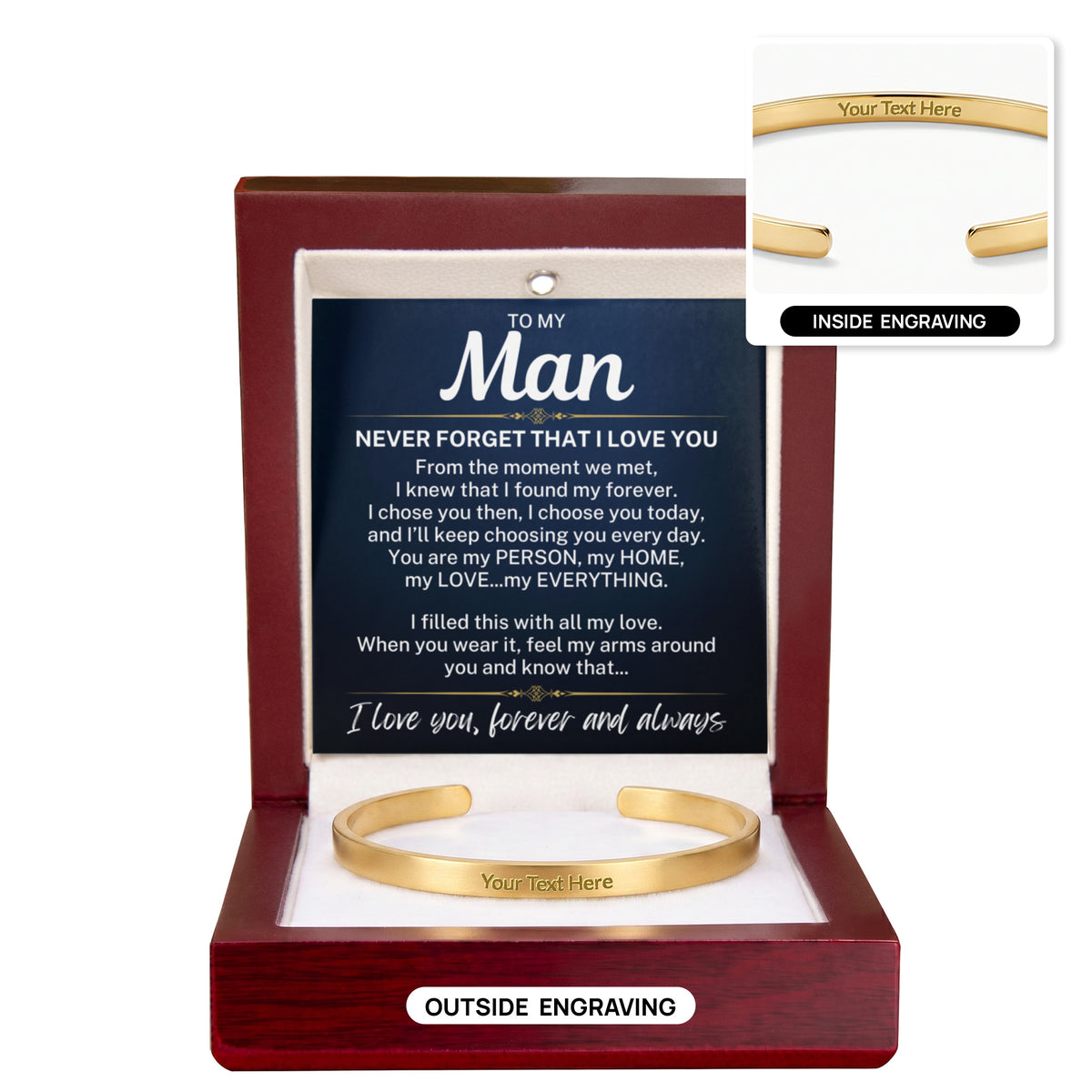 To My Man "Never forget..." Personalized Cuff Bracelet With Free Engraving