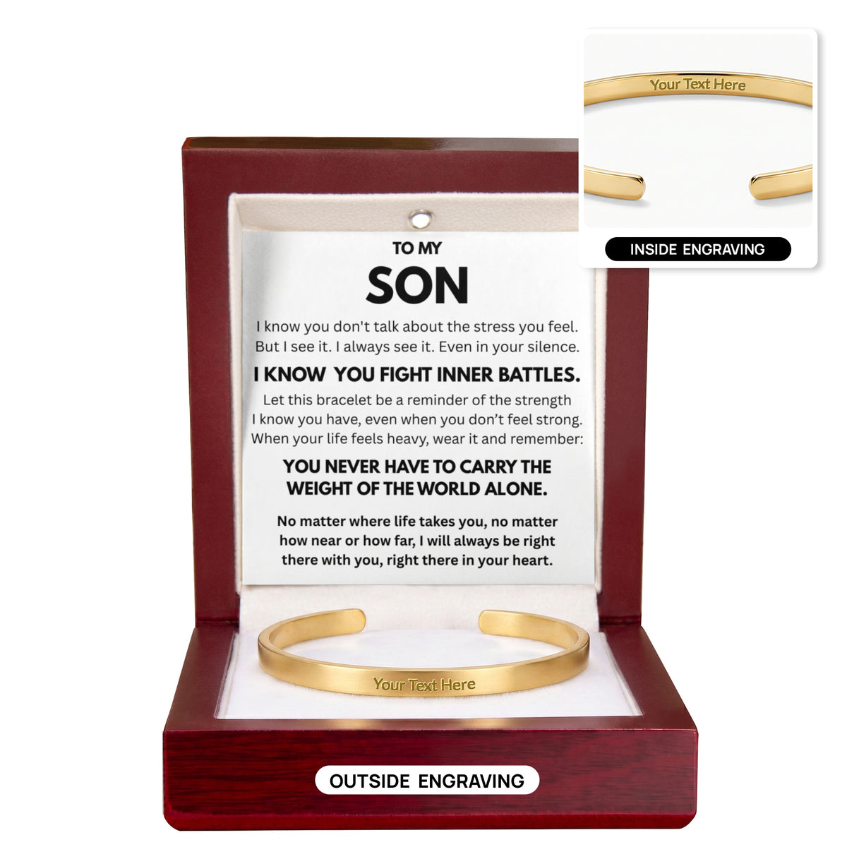To My Son "Never alone..." Personalized Cuff Bracelet With Free Engraving